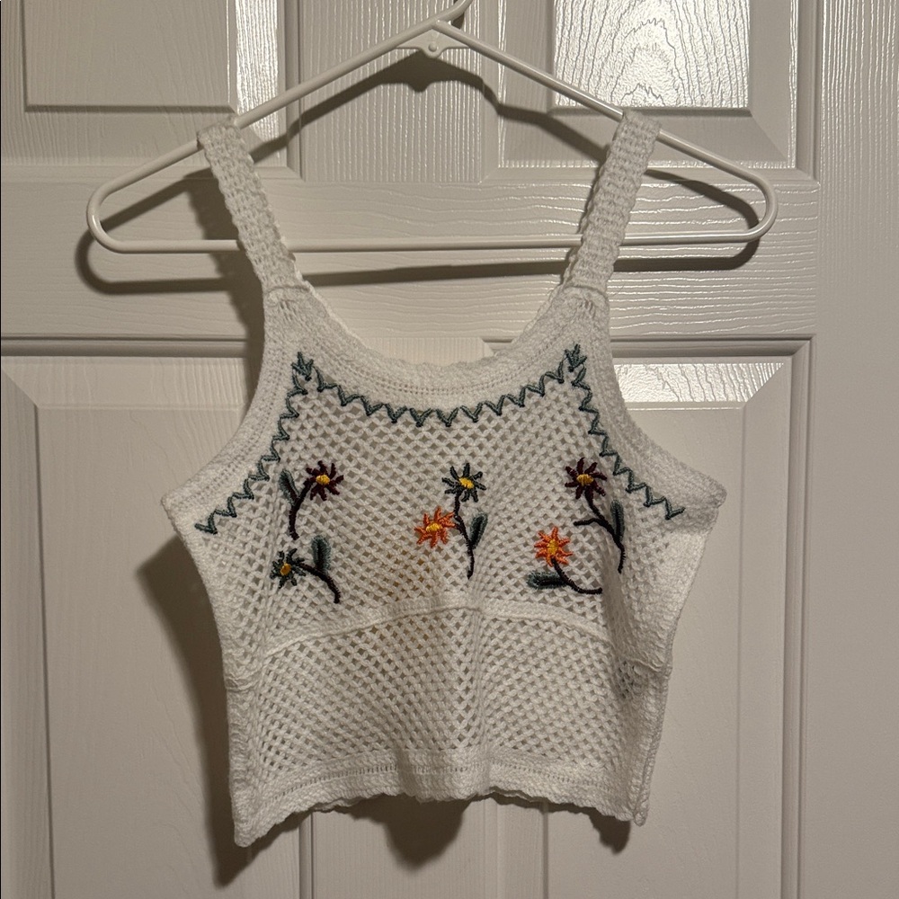 Women’s XS Rebellion White Crochet Crop Top with Colorful Floral Design NWT